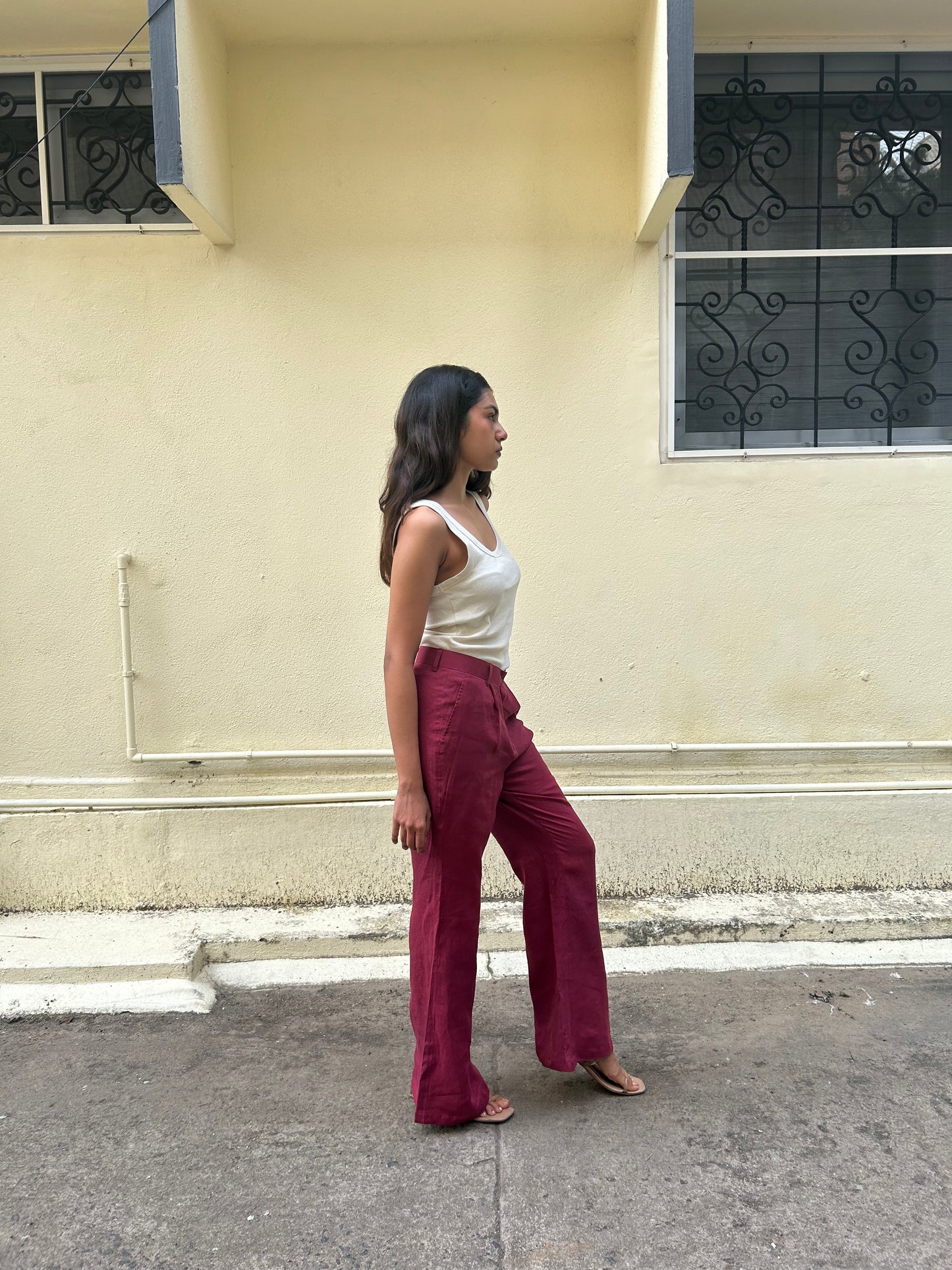 Amal - Flared Trousers in Merlot Red