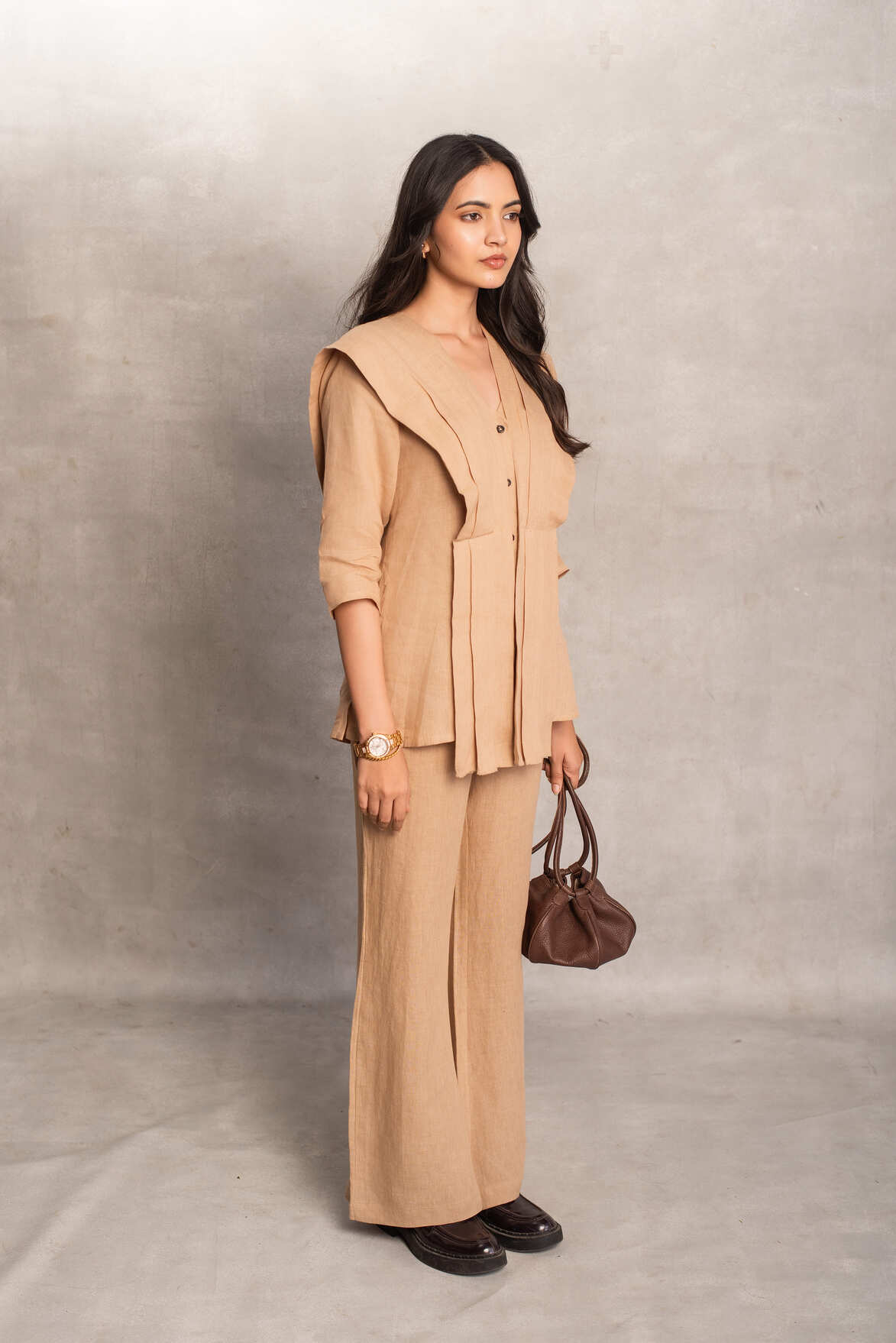 Xiti- Pleated Shirt Coord in Latte