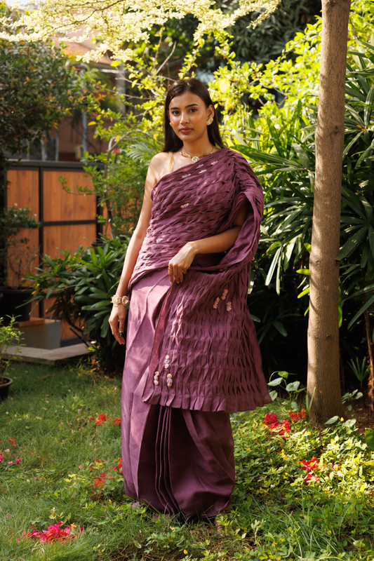 Naina Pin-tuck Saree in Dusty Plum