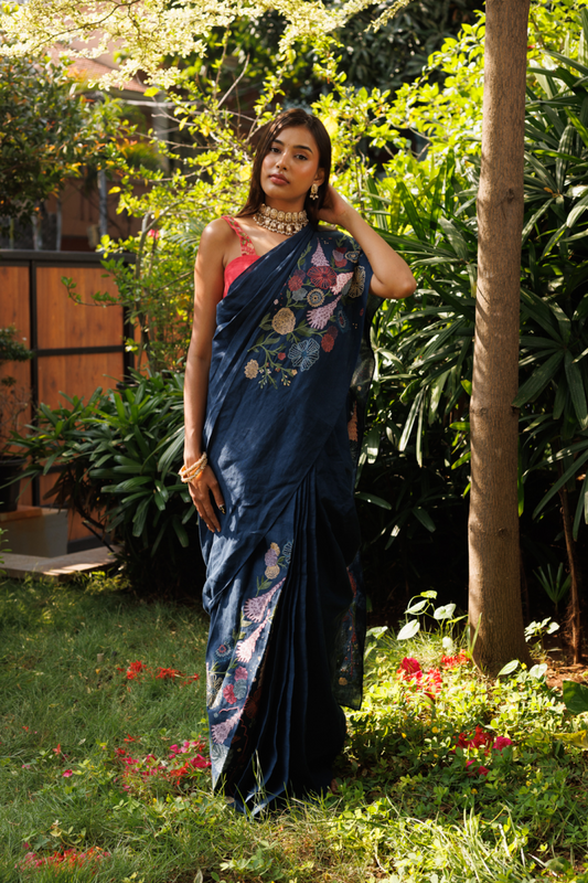 Malini Embroidered Saree in Midnight