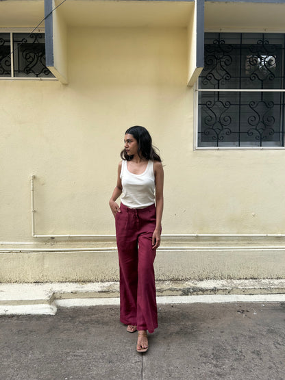 Amal - Flared Trousers in Merlot Red