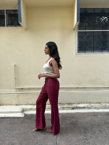 Amal - Flared Trousers in Merlot Red