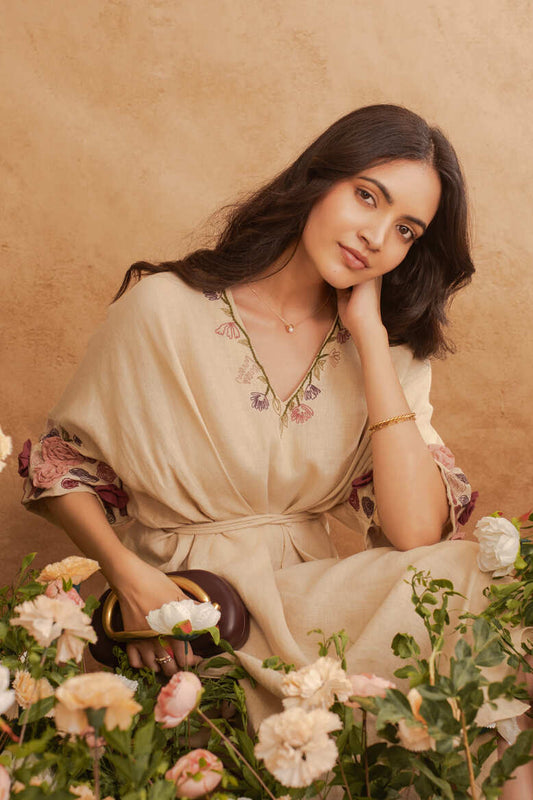 Amara- Tie-up Kaftan in Latte