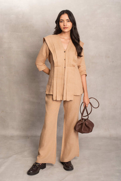 Xiti- Pleated Shirt Coord in Latte