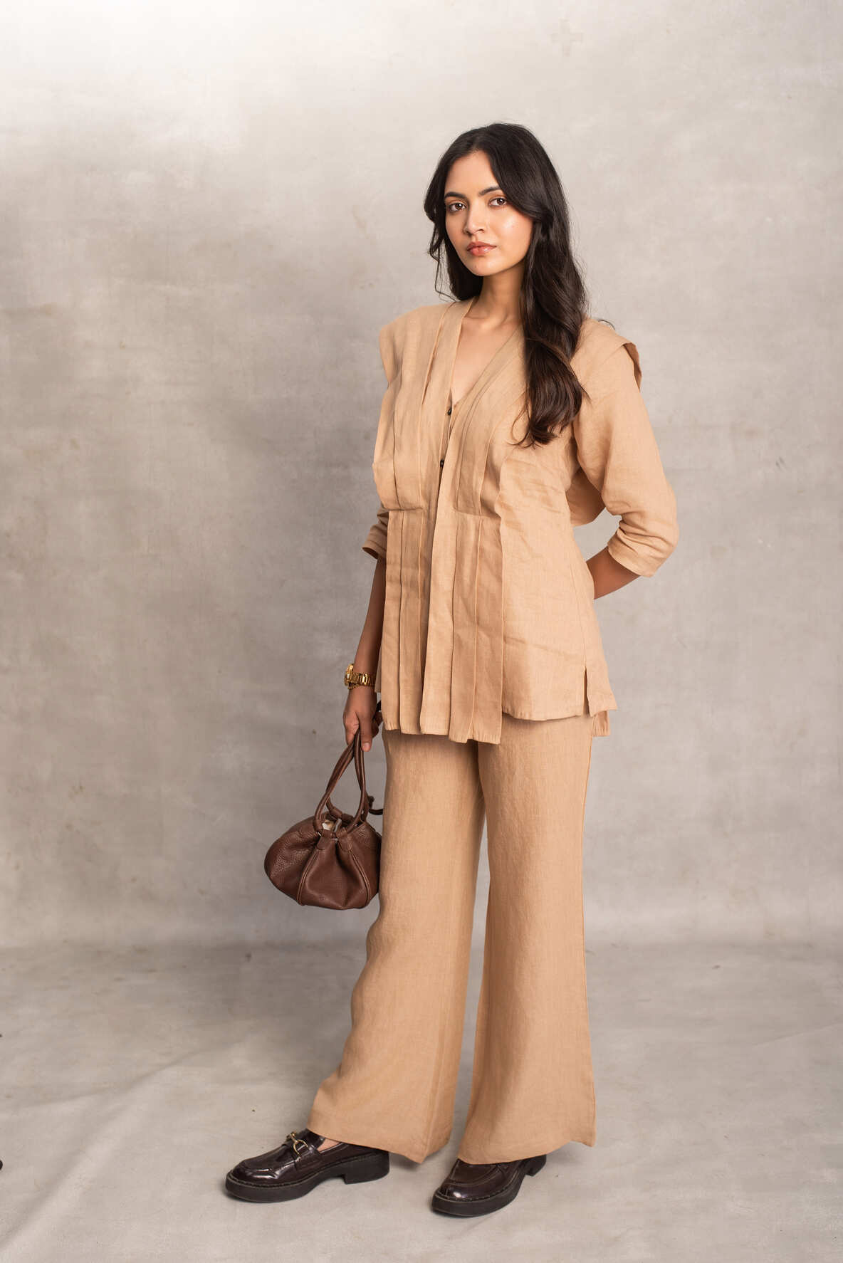 Xiti- Pleated Shirt Coord in Latte